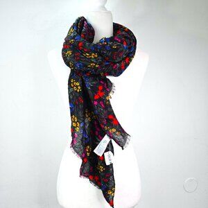 NWT Old Navy Black Red Blue Floral Raw Hem Rectangle Scarf Wrap Sarong